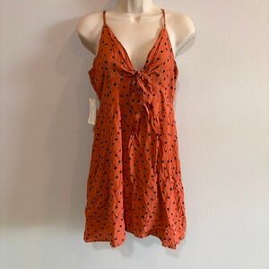 By Together Polka Dot Tie Front Mini Dress M Orange Boho Retro Sundress